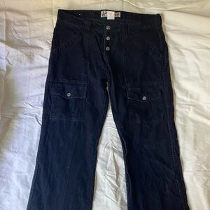 Vintage Y2K Steve & Barry's Black Corduroy Cargo Pants Button Fly Sz 8 Low‎ rise